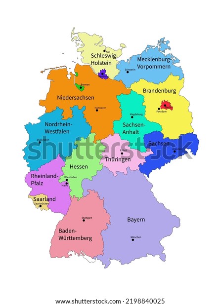 Map of Germany vector illustration with text on\
German language. Each state is separated on layer and could be\
interactive colored.