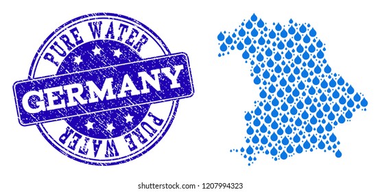 Map of Germany vector mosaic and Pure Water grunge stamp. Map of Germany created with blue water dews. Seal with grunge rubber texture for pure drinking water.