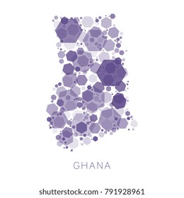 map of Ghana filled with abstract mosaic of hexagons of different sizes and degrees of transparency