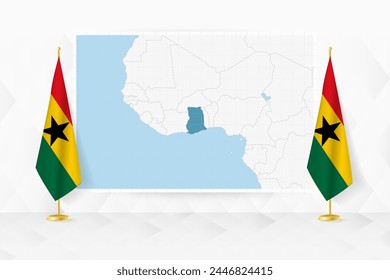 Map of Ghana and flags of Ghana on flag stand. Vector illustration for diplomacy meeting.