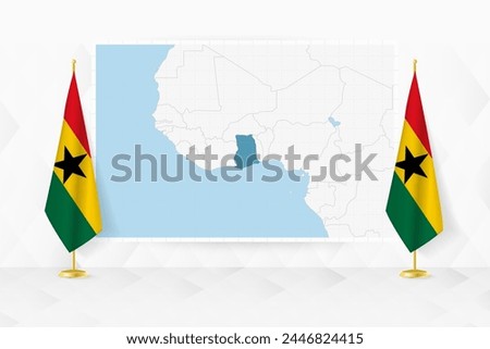 Map of Ghana and flags of Ghana on flag stand. Vector illustration for diplomacy meeting.