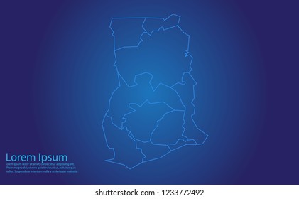 Map of ghana - With glowing point and lines scales on the dark gradient background.french Polynesia map with country borders, thin Blue outline on Dark background.