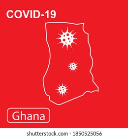 Map of Ghana labeled "COVID-19". White outline map on a red background. Vector illustration of a virus, coronavirus, epidemiology.