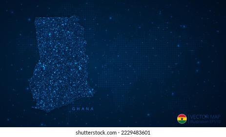 Karte von Ghana modernes Design mit polygonalen Formen auf dunkelblauem Hintergrund. Business Wireframe Maschendraht Kugeln aus fliegenden Trümmern. Blaues strukturähnliches Vektorgrafik-Konzept.