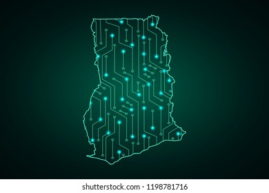 Map of Ghana, network line, design sphere, dot and structure on dark background with Map Ghana, Circuit board. Vector illustration. Eps 10