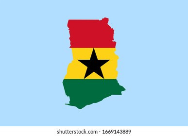 Karte von Ghana auf blauem Hintergrund, Flagge von Ghana darauf.