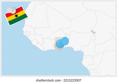 Map of Ghana with a pinned blue pin. Pinned flag of Ghana, vector illustration.