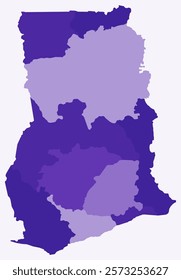 Map of Ghana with regions. Just a simple country border map with region division. Deep purple color palette. Plain Republic of Ghana shape with administrative division. Vector illustration.