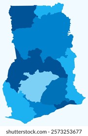 Map of Ghana with regions. Just a simple country border map with region division. Light blue color palette. Plain Republic of Ghana shape with administrative division. Vector illustration.