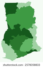 Map of Ghana with regions. Just a simple country border map with region division. Green color palette. Flat Republic of Ghana shape with administrative division. Vector illustration.