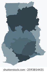 Map of Ghana with regions. Just a simple country border map with region division. Blue grey color palette. Flat Republic of Ghana shape with administrative division. Vector illustration.