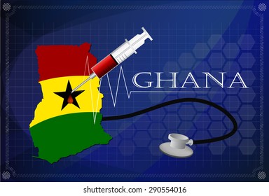 Map of Ghana with Stethoscope and syringe.