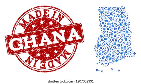 Map of Ghana vector mosaic and Made In grunge stamp. Map of Ghana designed with blue cog relations. Made in red seal with grunge rubber texture.