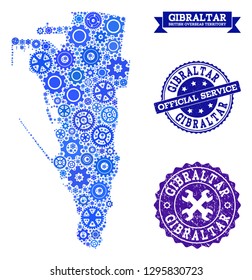 Map of Gibraltar created with blue wheel symbols, and isolated scratched watermarks for official repair services. Vector abstract mosaic of map of Gibraltar with industry symbols in blue shades.