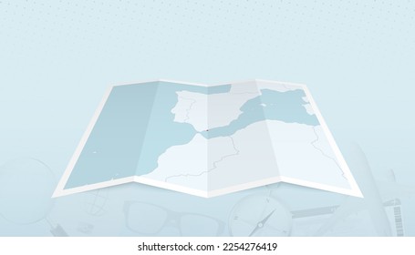Karte von Gibraltar mit der Flagge von Gibraltar in der Kontur der Karte auf abstraktem Hintergrund. Reisegrafik.