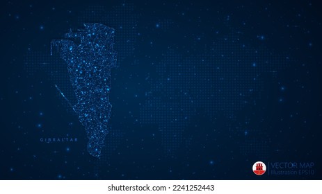 Mapa del diseño moderno de Gibraltar con formas poligonales sobre fondo azul oscuro. Esferas de malla de alambre de negocios a partir de escombros voladores. Concepto de ilustración vectorial de estilo de estructura azul.