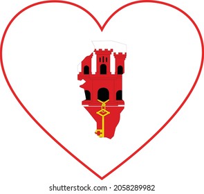 Mapa de Gibraltar con bandera nacional dentro de forma de corazón blanco con trazo rojo