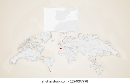 Map of Gibraltar with neighbor countries pinned on world map. Abstract triangles World Map.