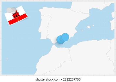 Mapa de Gibraltar con un pin azul. Bandera de Gibraltar enclavada, ilustración vectorial.