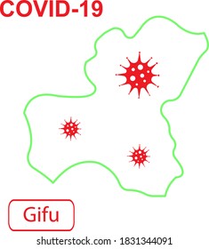 Map of Gifu labeled "COVID-19". Green outline map on a white background. Vector illustration of a virus, coronavirus, epidemiology.