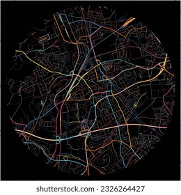 Map of Gladbeck, North Rhine-Westphalia with all major and minor roads, railways and waterways. Colorful line art on black background.