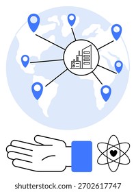 Mapa con red global, edificio de negocios en el centro, pines de ubicación conectados, mano de ayuda, símbolo del corazón atómico. Ideal para globalización, negocios, conectividad, Asistencia, innovación tecnológica