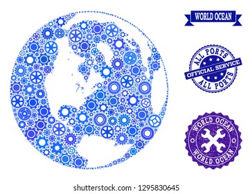 Map of global ocean designed with blue engine symbols, and isolated scratched watermarks for official repair services.