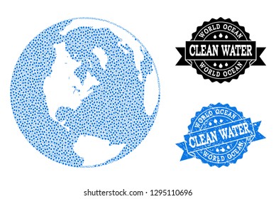 Map of global ocean vector mosaic and clean water grunge stamp. Map of global ocean composed with blue water tears. Seal with scratched rubber texture for clean drinking water.