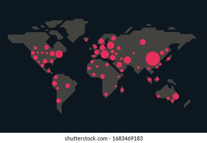 Karte der globalen Planeten Erde Punkt Virusverbreitung, schwarzer Hintergrund. Vektorillustration