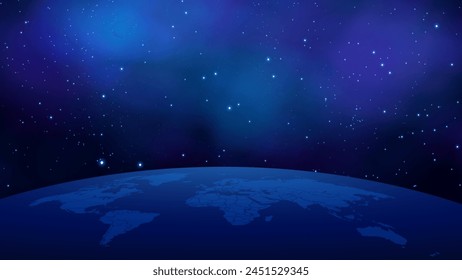 Mapa del mundo global. Fondo del espacio terrestre en el Vector nocturno. Nebulosa con estrellas y tierra.