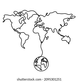 Map with globe as line drawing on white background. Vector