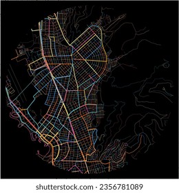 Map of Glyfada, Attica with all major and minor roads, railways and waterways. Colorful line art on black background.