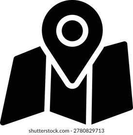 Map glyph icon. This dark graphic features a stylized map with a prominent marker, symbolizing geographic position, precise navigation, and successful arrival at a desired destination. It conveys effective directional guidance.   