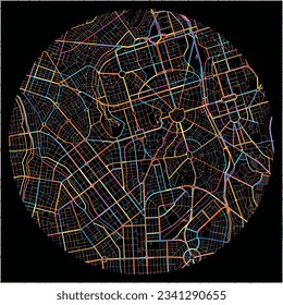 Map of Goiania with all major and minor roads, railways and waterways. Colorful line art on black background.