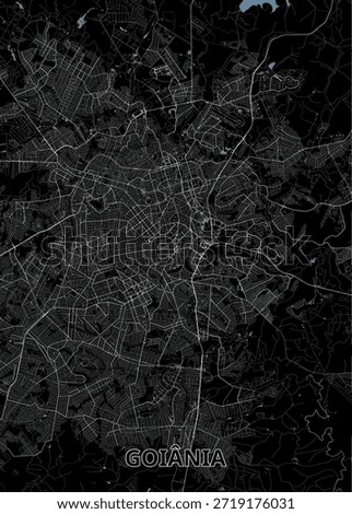 Map of Goiania, Brazil, is presented in a dark, minimalist style. The city's streets and waterways are depicted in light gray against a black background, creating a stark contrast.