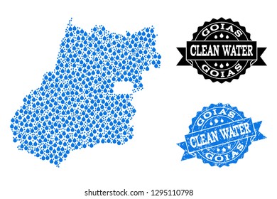 Map of Goias State vector mosaic and clean water grunge stamp. Map of Goias State designed with blue water raindrops. Seal with distress rubber texture for clean drinking water.