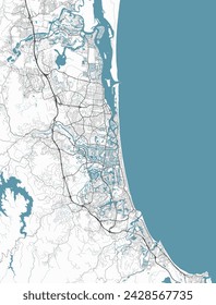 Map of Gold Coast, Australia. Detailed city vector map, metropolitan area. Streetmap with roads and water.