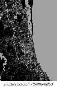 Map of Gold Coast, Australia. Detailed city vector map, metropolitan area. Black and white streetmap with roads and water.