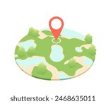 Map of golf course is encased within a circular frame in unique and compact appearance. Red location pin as a goal. Vector illustration on white background