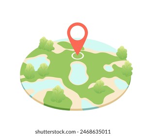 Mapa del campo de golf está encerrado dentro de un marco circular en aspecto único y compacto. Pin de localización rojo como objetivo. Ilustración vectorial sobre fondo blanco