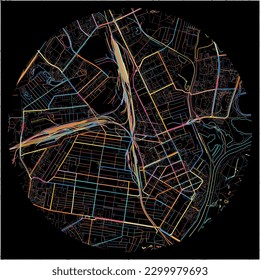 Karte von Gomel, Voblasć mit allen wichtigen und kleineren Straßen, Eisenbahnen und Wasserstraßen. Farbige Linienkunst auf schwarzem Hintergrund.