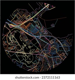 Map of GooiseMeren, North Holland with all major and minor roads, railways and waterways. Colorful line art on black background.