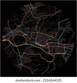 Map of Goppingen, Baden-Wuerttemberg with all major and minor roads, railways and waterways. Colorful line art on black background.