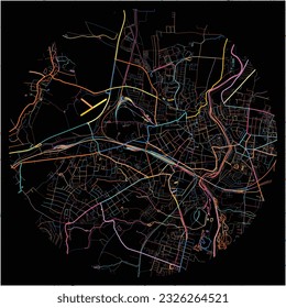 Mapa de Gorlitz, Sajonia con todas las carreteras principales y menores, ferrocarriles y vías fluviales. Coloridas líneas de arte sobre fondo negro.