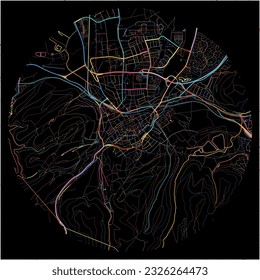 Map of Goslar, Lower Saxony with all major and minor roads, railways and waterways. Colorful line art on black background.