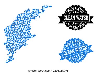 Map of Gotland Island vector mosaic and clean water grunge stamp. Map of Gotland Island composed with blue water dews. Seal with distress rubber texture for clean drinking water.