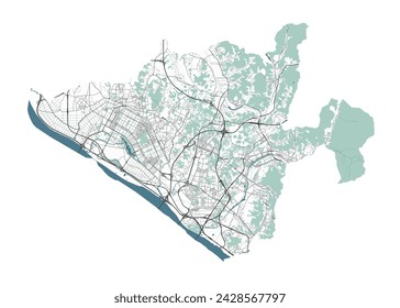 Map of Goyang, South Korea. Detailed city vector map, metropolitan area with border. Streetmap with roads and water.