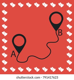 Map GPS icon flat. Simple black pictogram on red background with white hearts for valentines day. Vector illustration symbol