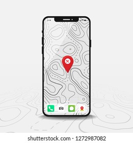 Teléfono inteligente con mapa y punto fijo rojo en pantalla, mapas aislados en línea