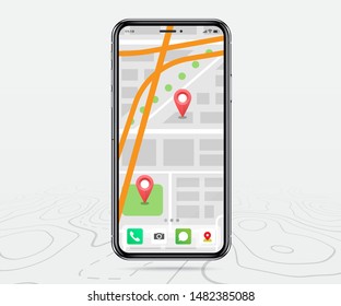 Mapa GPS, aplicación de navegación de mapas de Smartphone y punto de conexión rojo en pantalla, navegación de mapa de búsqueda de aplicaciones, aislamiento en el fondo de mapas de línea, ilustración vectorial